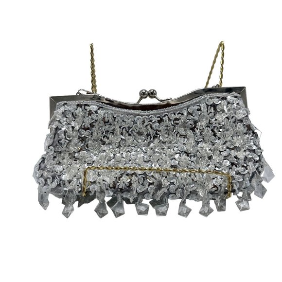 Silver Beaded Sequins Kiss Lock Formal Evening Bag - Picture 8 of 10